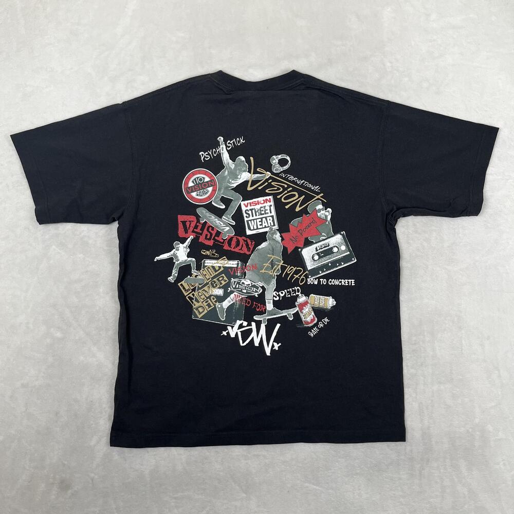 Vision Street Wear T-Shirt Mens Medium Black Skateboard Logo Back Print Graphic
